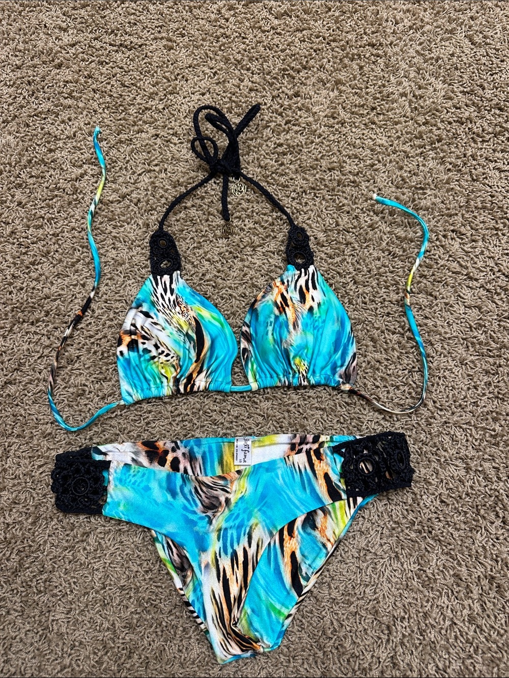 Luli Fama Turquoise Multicolor Crochet-Trim Triangle Bikini